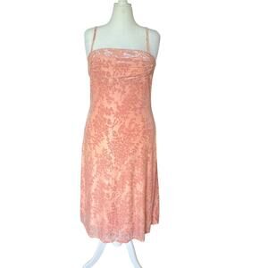 Peach Midi Stretch Slip Dress Women's Size XL Burnout Velvet , Ruched Bust, 43”L